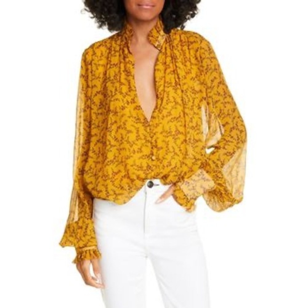 Jonathan Simkhai Mustard Yellow Floral Silk Ruffle Neck Blouse Top
